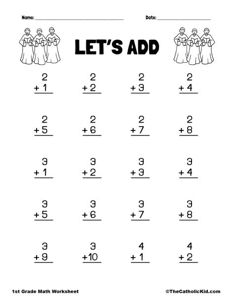 Let's Add - 1st Grade Math Adding Worksheet Catholic - TheCatholicKid.com Math Test For Kindergarten, Math Adding Worksheets, Math Problems For 1st Grade, Teacher Rp, Homework Checklist, Adding Worksheets, Math Division Worksheets, Free Math Printables, First Grade Math Worksheets