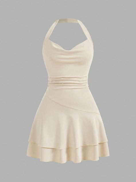 SHEIN MOD Knitted Halterneck Slim Fit Women's Bodycon DressI discovered amazing products on SHEIN.com, come check them out! High School Grad Outfits, Beige Dress Aesthetic, Beige Dress Short, Tan Dress Outfit, Vestidos Beige, Vestidos Aesthetic, Vestido Beige, Vestidos Shein, Vestido Shein