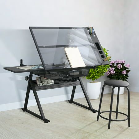 This tilting surface table can work perfectly as a decent drawing table, a spacious writing/computer table or a light table. It provides sufficient storage space for stationery, paints and laptop. The transparent glass countertop makes the piece a light table for drawing and sketching precise diagrams. Perfect piece for art, drafting, and creative tasks in the office, studio, or at home. A stool is provided for your convenience. Desk Sketch, Artist Drawing Table, Artist Desk, Drawing Desk, Padded Stool, Glass Countertops, Drafting Table, Drawing Table, Desk Height