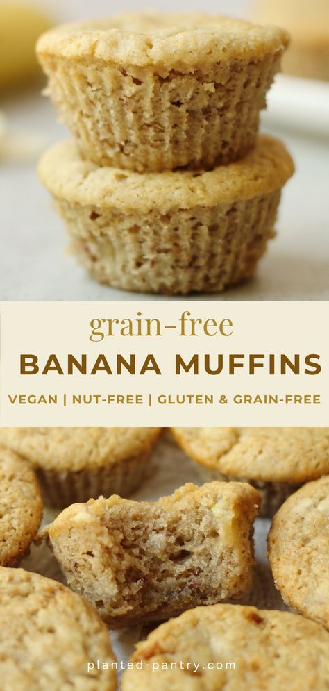 These easy Grain Free Banana Bread Muffins are made with cassava flour and other basic pantry ingredients. They're gluten-free, vegan, and nut-free, making them an excellent allergy-friendly option. Nut Free Breakfast, Cranberry Treats, Vegan Banana Bread Easy, Vegan Banana Muffins, Vegan Banana Bread Recipe, Banana Walnut Bread, Flours Banana Bread, Muffins Vegan, Banana Nut Muffins