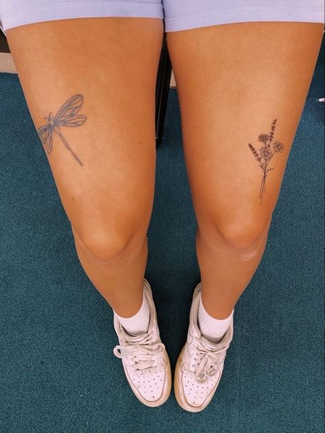 Wild Flower Tattoo Thigh, Nature Related Tattoos, Thigh Dragonfly Tattoo, Dragonfly Tattoo On Leg, Dragon Fly Leg Tattoo, Leg Tattoos Aesthetic Simple, Hummingbird Knee Tattoo, Dragonfly Tattoo With Words, Dragonfly On Flower Tattoo