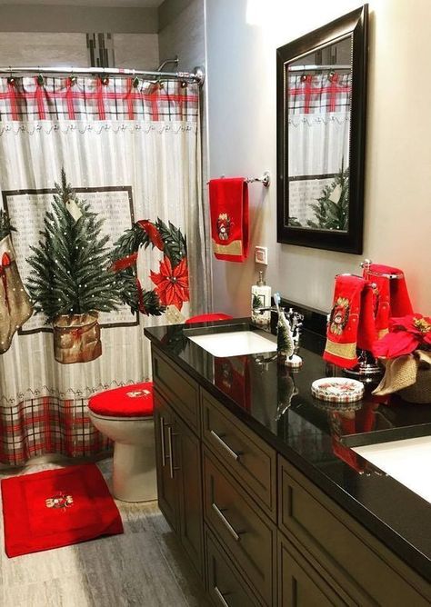 Christmas Bathroom Decor Ideas Simple, Modern Bathroom Design Black, Christmas Bathroom Decorations, Boho Bathroom Small, Small Bathroom Modern, Holiday Bathroom, Bathroom Design Black, Bathroom Decorations, Red Christmas Decor