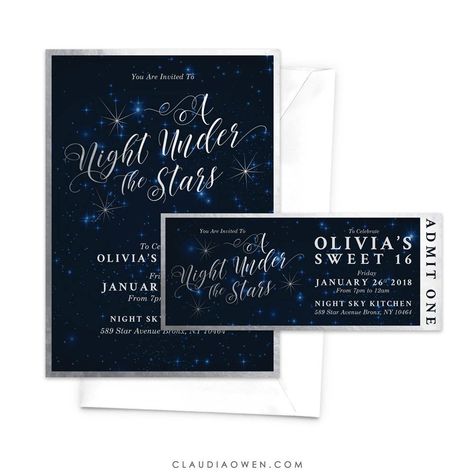 Starry Night Party, Night Party Invitation, Teen Birthday Party, Spanish Party, A Night Under The Stars, Sweet 16 Party Invitations, 30th Birthday Party Invitations, 40th Birthday Party Invites, Night Under The Stars