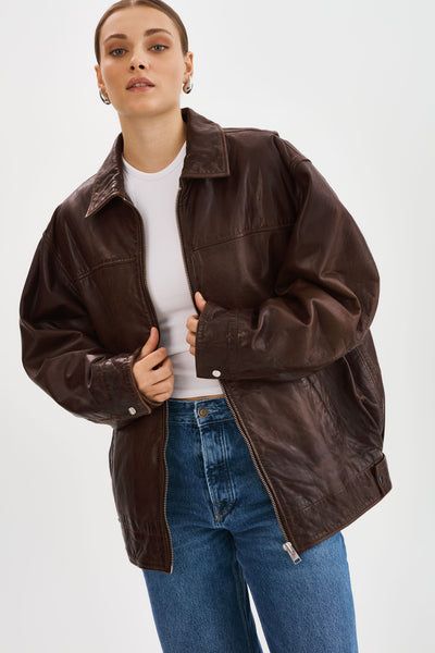 THEIA | Leather Bomber Jacket Dark Brown Jacket Outfit, Dark Brown Leather Jacket Outfit, Punk Librarian, Dark Brown Outfit, Brown Jacket Outfit, Brown Leather Jacket Outfit, Free Front, Drop Shoulder Shirt, Baggy Style