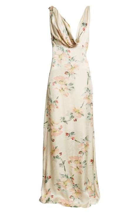 Artful construction that seemingly defies physics defines the beguilingly twisted bodice of this maxi cut from floral-print satin in a fitted-to-flowing design. 58 1/2" length (size 4US/36EU) Hidden back-zip closure Cowled deep V-neck Sleeveless Partially lined 100% viscose Dry clean Made in Portugal Designer Clothing Floral Maxi Dress Casual, Floral Silk Bridesmaid Dresses, Summer 2024 Outfit, Dream Clothes Summer, Dress Summer Aesthetic, Floral Dress Aesthetic, Chiffon Sundress, Floral Satin Dress, Summer Maxi Dresses