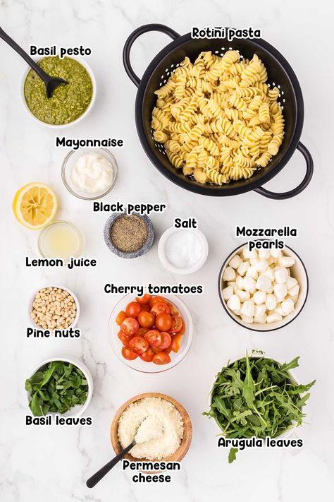 Pesto Pasta Salad ingredients. Pasta Salad With Pesto Recipes, Pesto Pasta Salad Recipes, Creamy Pesto Pasta Salad, Cold Pesto Pasta Salad, Creamy Pesto Dressing, Feta Pasta Salad, Creamy Pesto Pasta, Creamy Pesto Sauce, Pesto Dressing