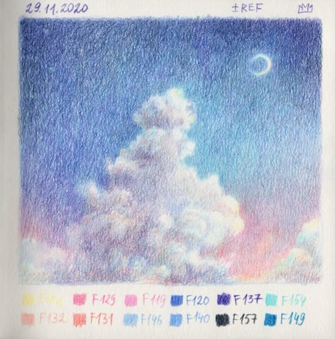 Moon Color Pencil, Moon Colored Pencil, Space Colored Pencil Drawing, Pencil Color Tutorial, Color Pencil Tutorial, Sketch Cloud, Color Theory Art, ポップアート ポスター, Color Pencil Illustration