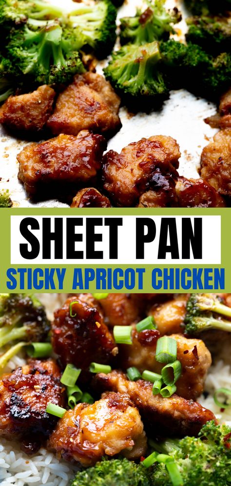 Sheet Pan Sticky Apricot chicken and broccoli is an easy weeknight dinner that tastes better than takeout! It comes together quickly and the whole family will love this dish! Pan Meals Sheet Chicken, Chicken Broccoli Sheet Pan Dinner, Sheet Pan Chicken Broccoli, Sheet Pan Chicken And Broccoli, Sticky Apricot Chicken, Baked Apricot Chicken, Millennial Kitchen, Chicken Sheet Pan Dinner, Dinners Chicken