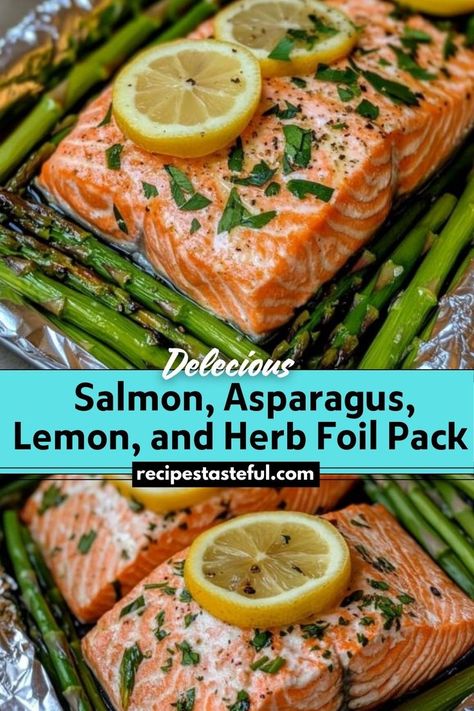 A quick and healthy foil pack dinner featuring perfectly cooked salmon, fresh asparagus, and zesty lemon, all infused with herbs. Ideal for busy weeknights and easy cleanup. Salmon Asparagus Foil, Herb Salmon, Salmon Asparagus, Cooked Salmon, Lemon Garlic Salmon, Garlic Salmon, Garlic Herb Butter, Salmon And Asparagus, Salmon Dinner