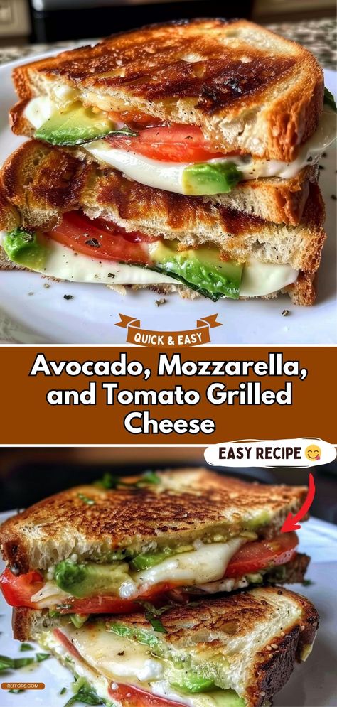 Upgrade your grilled cheese with creamy avocado, fresh mozzarella, and ripe tomatoes. This Avocado, Mozzarella, and Tomato Grilled Cheese is a delicious, gourmet twist on a classic favorite. #GrilledCheese #GourmetSandwich #EasyLunch Tomato And Avocado Sandwich, Avocado Tomato Grilled Cheese, Avacodo Mozzarella Tomato Grilled Cheese, Grilled Cheese Upgrades, Grilled Cheese Mozzarella, Dinner With Mozzarella Cheese, Gourmet Lunch Recipes, What Goes With Grilled Cheese, Avocado Cheese Sandwich