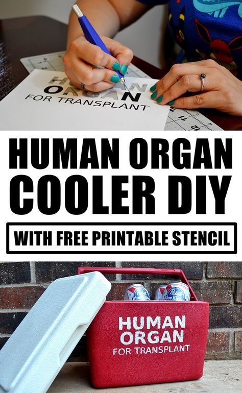 DIY Human Organ For Transplant Cooler with free printable stencil. DIY stencil and paint craft. Halloween DIY. Scary, creepy costume prop. Halloween Diy Scary, Insane Asylum Halloween, Haunted Hallway, Haunted Asylum, Creepy Costume, Haunted Hospital, Asylum Halloween, Printable Stencil, Halloween Garage