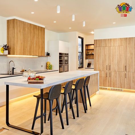 White And Timber Kitchen, Black Channel, Prime Oak, Curved Kitchen, Timber Kitchen, Grey Kitchen Island, Kitchen Island Bench, Beach House Interior Design, Island Bench