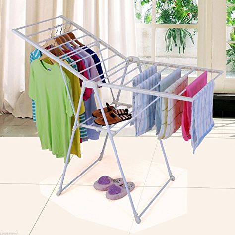 PROMOTION PRICE HomCom Clothes Drying Rack Foldable Rail Hanging Laundry Shelf Storage With Tray Indoor Outdoor White Standing Clothes Rack, Laundry Drying Rack, Laundry Shelves, Free Standing Shelves, Laundry Rack, Hanger Stand, Drying Rack Laundry, Laundry Drying, Standing Shelves