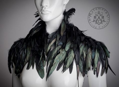 Diy Feather Mohawk Headdress, Shoulder Accessories, Feather Accessories, Mode Steampunk, Shoulder Piece, Dark Circus, Feather Fashion, Black Shrug, Shoulder Wrap