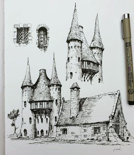 Architecture Drawing Exercise, How To Draw Environments, Easy Building Sketches, How To Draw A Building, Draw Castle, Drawing Structure, Castle Sketch, Landscape Drawing Tutorial, Furniture Drawing