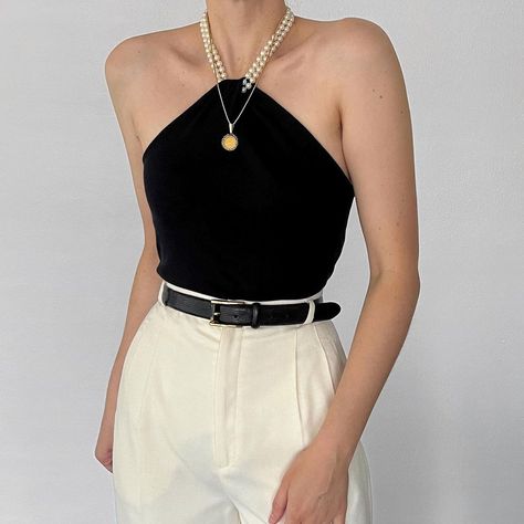 Deux Birds, Elegant Office Wear, Black Halter Top, Necklace Top, Vintage Ralph Lauren, One Shoulder Top, Silk Knit, Vintage Inspired Outfits, Black Halter