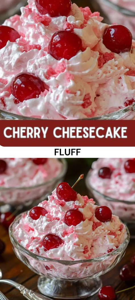 Dreamy Cherry Cheesecake Fluff Cherry Cheesecake Fluff, Cheesecake Fluff, Cheesecake Base, Fluff Salad Recipes, Desserts For Kids, Desserts Ideas, Fluff Recipe, Fluff Desserts, Fruit Salad Easy