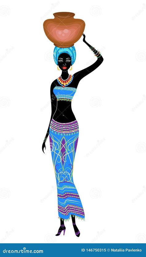 Slender beautiful African-American lady. The girl carries a pot on her pot. Vector illustration. African Vibes, American Lady, African Queen, African Design Dresses, African Design, Editorial Illustration, Woman Painting, American Women, African Women