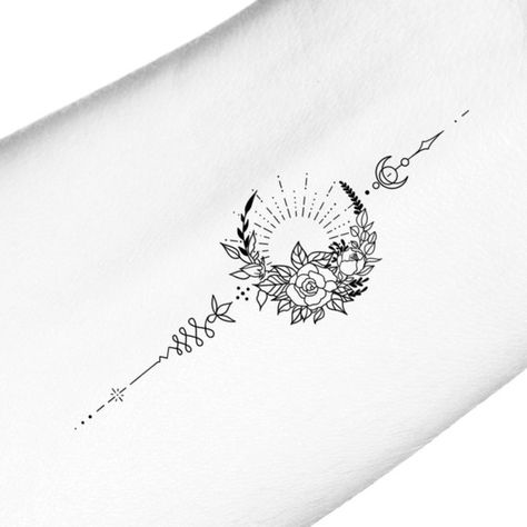 Tattoo Designs Spine For Women, Sun Moon Lotus Flower Tattoo, Sun Floral Tattoo, Sun And Moon Line Tattoo, Unalome Tattoo Moon, Sun Moon Flower Tattoo, Sun Tattoo Ideas For Women, Sun And Moon Spine Tattoo, Sun And Flower Tattoo