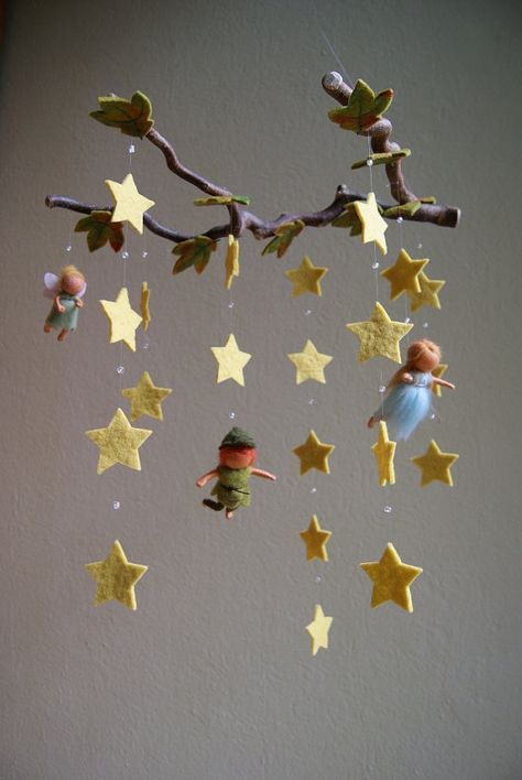 mobile Neverland Nursery, Peter Pan Nursery, Waldorf Crafts, Felt Mobile, Waldorf Inspired, Tinker Bell, Felt Art, Kids' Room, Felting Projects