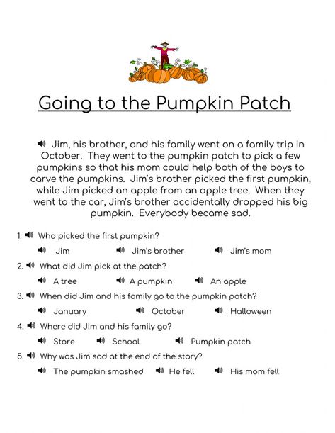 Pumpkin Patch Worksheets, Reading Preschool, Pumpkin Story, Fall Worksheets, Biggest Pumpkin, Story Retell, Homeschool Crafts, Listening Comprehension, Wh Questions