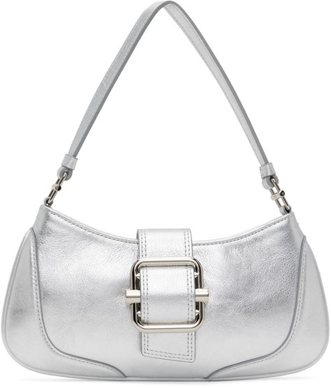 Grained leather shoulder bag in silver-tone. · Fixed shoulder strap · Pin-buckle hardware at magnetic press-stud tab · Zip closure · Patch pocket at interior · Brushed jersey lining · Logo-engraved silver-tone hardware · H4.5 x W10 x D1 in Supplier color: Silver Y2k Bags, Silver Handbag, Silver Bags, Bag Display, Metallic Purse, Trending Handbag, Silver Engraving, Leather Messenger Bag, Leather Messenger