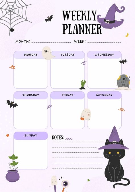 Cute Daily Planner Template Purple, Monthly Planner Template October 2023, October Planner Template, Weekly Planner Ipad Template, Halloween Daily Planner, Cute Planner Pages, Halloween Weekly Planner, October Weekly Planner, Halloween Planner Layout