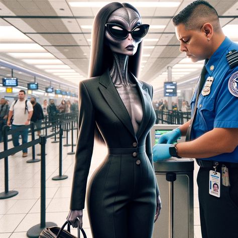 Hot gray alien getting checked out at TSA. Hot Alien, Gray Alien, Quantum Entanglement, Grey Alien, Dark Fantasy Artwork, Alien Girl, Alien Concept, Area 51, Scary Art