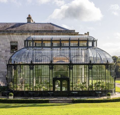 Conservatory House Plans, Homes With Greenhouses Attached, Victorian Glass Greenhouse, Vintage Greenhouse Conservatory, Large Glass Greenhouse, Art Deco Greenhouse, Attached Greenhouse Sunroom Conservatory, Greenhouse With Fireplace, Enclosed Garden Structures