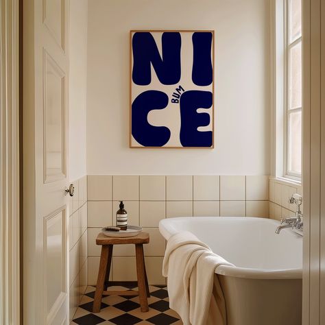 Nice Bum Art Print | Funny Bathroom Wall Decor | Neutral Dark Blue Bathroom Print | Restroom Decor, Bedroom wall art 💗DIGITAL DOWNLOAD ONLY | Instantly download and print our digital wall art for a quick and affordable way to decorate your space. Our art prints also make excellent gifts, or you can use them as cute and unique wallpapers for your phone! Once purchased, your files will be instantly downloadable via your 'purchases' tab, or through a link sent directly to your email.  💗SIZING INF Guest Bathroom Ideas Colorful, Arty Bathroom Ideas, Navy Blue Bathroom Inspiration, Nautical Bathroom Art, Bathroom With Artwork, Post Modern Bathroom Decor, Sports Theme Bathroom, Maximalist Interior Design Bathroom, Funny Bathroom Design