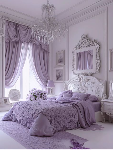 Purple Coquette Room, Purple Princess Bedroom Ideas, Princess Room Purple, Luxury Bedroom Master Purple, Pink And Purple Princess Room, Architectural Digest Bedroom, Deco Violet, Fancy Bedroom, Dream Bedroom Inspiration