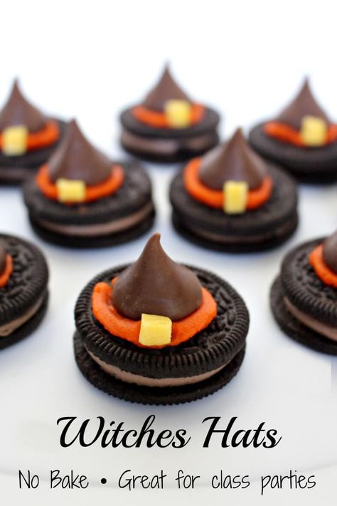 20+ Halloween Treats • Domestic Superhero School Halloween Party Ideas, Halloween Witch Hat Cookies, Halloween Classroom Treats, Halloween Party Ideas For Kids, Biscuits Halloween, Halloween Backen, Witch Hat Cookies, Halloween Snacks For Kids, Postres Halloween