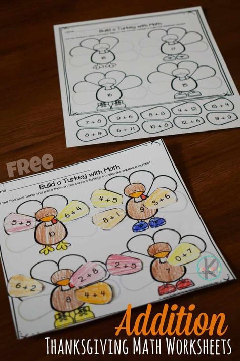 Turkey Math Activities, Addition Within 20, Math Worksheets For Kindergarten, Thanksgiving Addition, Thanksgiving Math Worksheets, Turkey Math, Thanksgiving Activities For Kindergarten, Thanksgiving Math Activities, Thanksgiving Activities Preschool