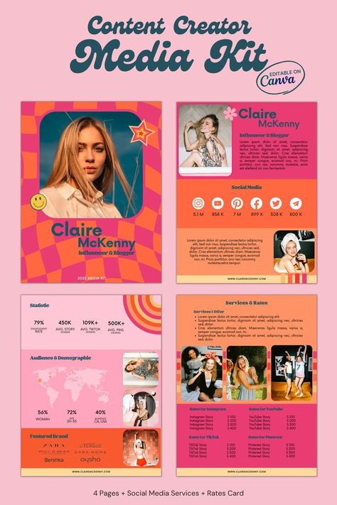 Media Kit for Instagram TikTok YouTube Influencer | 4 Pages | Media Kit | Press Kit Press Kit Design, Media Kit Design, Youtube Influencer, Typography Design Font, Graphic Shapes Design, Social Media Kit, Logo Creator, Graphic Design Tutorials Learning, Create Logo