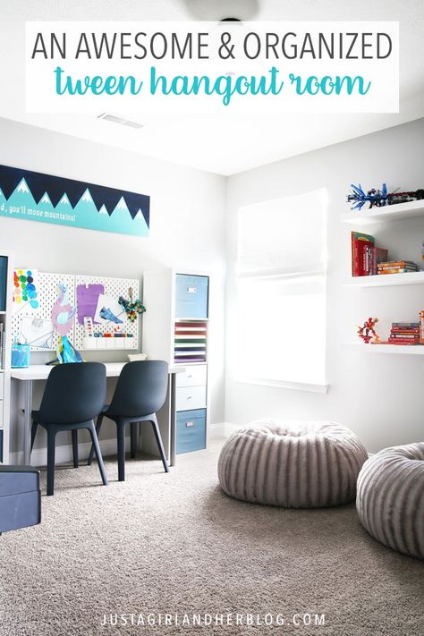 This organized tween hangout room is full of brilliant storage solutions to keep it neat, tidy, and FUN all at the same time! Come take the grand tour! #organizedkids #playroom #tween via @justagirlabby Girls Hangout Room Ideas, Kids Hangout Room Ideas, Hang Out Room Ideas, Room Ideas For Teens, Teen Playroom, Kids Hangout Room, Teen Lounge Rooms, Hangout Room Ideas, Teen Hangout Room