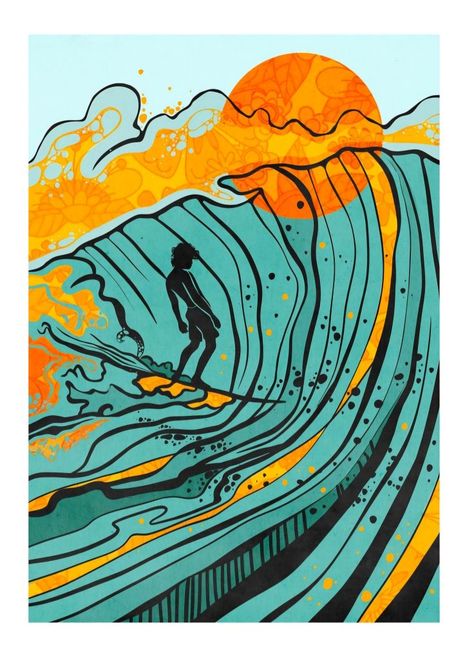 Stile Punk Rock, Surf Drawing, Retro Surf Art, Very Much Alive, Surf Art Print, Surf Painting, Ocean Illustration, Tropical Illustration, Feels Like Summer