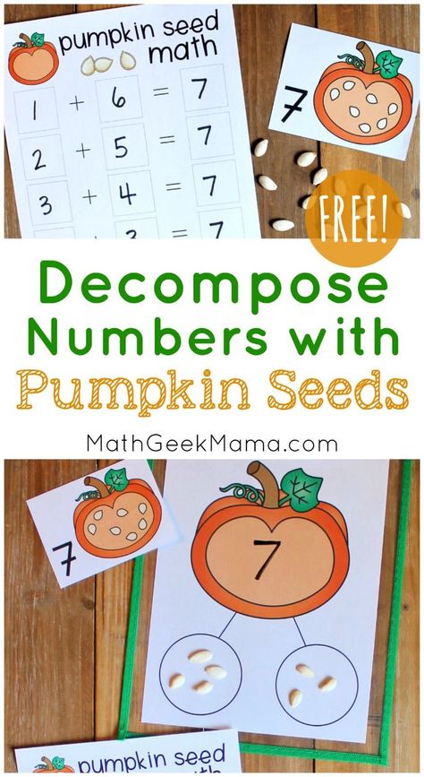 Help kids see and build number sense as they decompose numbers using pumpkin seeds and this handy number bond set. As they visualize the part-part-whole model, they will then be able to write addition & subtraction equations. Fluency Centers, Number Bond Activities, Fall Homeschool, Eyfs Maths, Fall Math Activities, Mental Math Strategies, Pumpkin Math, Part Part Whole, Fall Themes