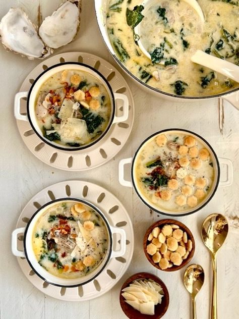 Southern-Fried Oyster Stew with Pancetta & Collard Greens – A Sutherland Belle Yogurt Sour Cream, Oyster Stew, Chili Ingredients, Fried Oysters, White Chicken Chili, Low Sodium Chicken Broth, Dry Mustard, White Chicken, Collard Greens