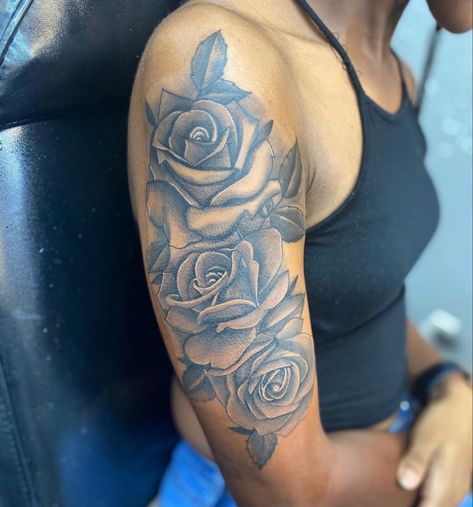 Baddie Shoulder Tattoos For Women, Half Sleeve Tattoos For Black Women, Rose Sleeve Tattoo Women, Meaningful Half Sleeve Tattoos For Women, Baddie Tattoos Shoulder, Baddie Tats Arm, Baddie Shoulder Tattoo, Baddie Tattoo Ideas Female Sleeve, Tattoo Designs Floral