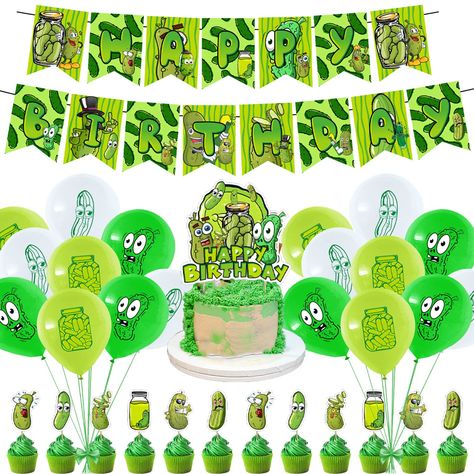 PRICES MAY VARY. Package Included: 1 Pack Pickle Themed Happy Birthday Party Banners, 18 Latex Balloons (3 Colors), 1 Cake Topper, 12 Cupcake Toppers. Can create a festive spirit and a happy vibe for your party. Pickle Party Decorations Materials: Happy birthday bunting banners, cupcake toppers, high quality thick paper, very bright and lively color printing and no chemical smell with high-tech digital print. Latex balloon could last a long time. All these things can add an atmosphere of Anime p Sloth Birthday Party Decorations, Pickle Themed Birthday Party, Pickle Birthday Party, Pickle Birthday, Pickle Party, Sloth Birthday, Big Dill, Happy Birthday Bunting, 1 Cake