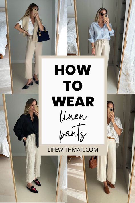 What to Wear with Linen Pants: 20  Cute Outfit Ideas - Life with Mar Linen Pants Outfit Office, Cream Linen Pants Outfit Casual, H&m Linen Pants, Cream Color Pants Outfit, Neutral Pants Outfit, Linen Black Pants Outfit, Black Linen Pants Outfit Work, Cream Linen Pants Outfit, Linen Pant Outfits