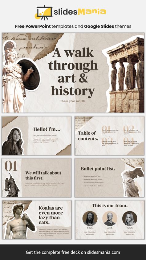 History and Art scrapbook free PowerPoint Template and Google Slides Theme. A walk through art & history free template is perfect for your next history or art presentation. It features a scrapbook style filled with sticker images of famous sculptures and statues, such as Michelangelo’s David and The Winged Victory of Samothrace. History Presentation Design, Scrapbook Presentation, The Winged Victory, Sticker Images, Mẫu Power Point, Winged Victory Of Samothrace, Presentation Slides Design, Winged Victory, Famous Sculptures