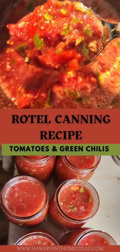 Homemade Rotel made with tomatoes and green chilies is a great and easy tomato canning recipe. Rotel is a great pantry staple for spicing up Mexican recipes. It is great to be able to make your own tomatoes and green chilies to suit your taste and to preserve them for use all winter long. Rotel is so convenient for adding flavor to dishes like tacos, casseroles, soups, or making salsas or dips. You can make your Rotel mild or spicy, depending on your personal preference. Homemade Rotel Canning Recipe, Canning Recipe For Rotel Tomatoes, Rotel Canned Tomatoes, Diy Rotel Canning, Mexican Canning Recipes, Homemade Rotel Recipes, Canned Rotel Recipe, Rotel For Canning, Canning Recipes Using Tomatoes