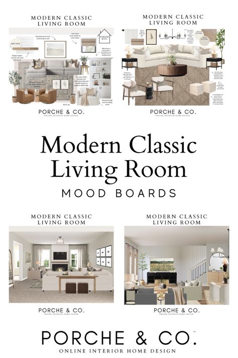 Take a peek at modern classic living room designs from Porche & Co! These beautiful mood boards offer plenty of inspiration for creating a cozy yet stylish living room. Discover how texture and warm tones bring these functional spaces to life. Whether you're redecorating or starting from scratch, these ideas will inspire you. Head to the blog for more living room decor ideas and interior design mood boards. Modern Farmhouse Living Room Inspiration Open Floor, Great Room Mood Board, Living Room White Couch Decorating Ideas, Modern Classic Decor, Decorating A Great Room, Decorating Styles Examples, Warm Transitional Living Room, Interior Design Mood Board Inspiration, Living Room Designs Transitional