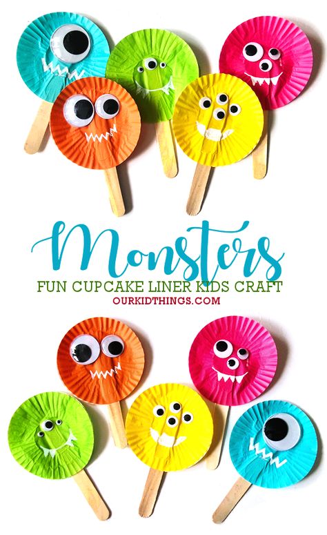 Cupcake Liner Monster Craft Halloween Art For Two Year Olds, Fun Halloween Crafts Preschool, Halloween Party Arts And Crafts For Kids, Cute Crafts For Preschoolers, Fun Easy Preschool Crafts, Class Halloween Craft Ideas, Tk Kindergarten Arts And Crafts, Mini Pringles Can Crafts, Craft Kindergarten Ideas