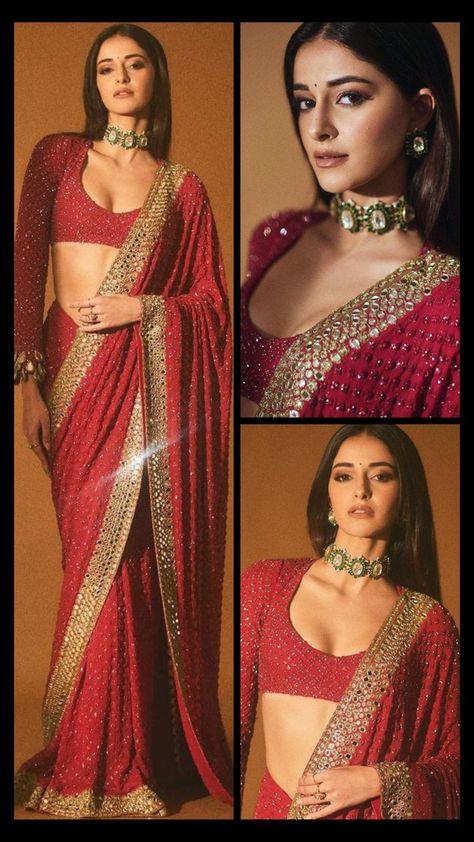 Phera Saree Look, Bright Colour Saree, North Indian Wedding Guest Saree Look, Ananya Pandey Red Saree, Wine Red Saree For Farewell, Red Sari Look, Sabyasachi Red Saree, Red Saree For Farewell, Red Saree Look Modern