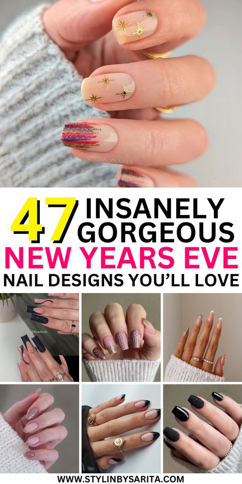 new years eve nails Nails For New Year 2024, Nail Art For New Years, New Years Nail Designs Simple, Holiday New Years Nails, Sparkle Nail Art Designs, Nail Art Designs New Years, New Year Nail Design Ideas, Nye Nails Short New Years Eve, New Year Gel Nails Ideas