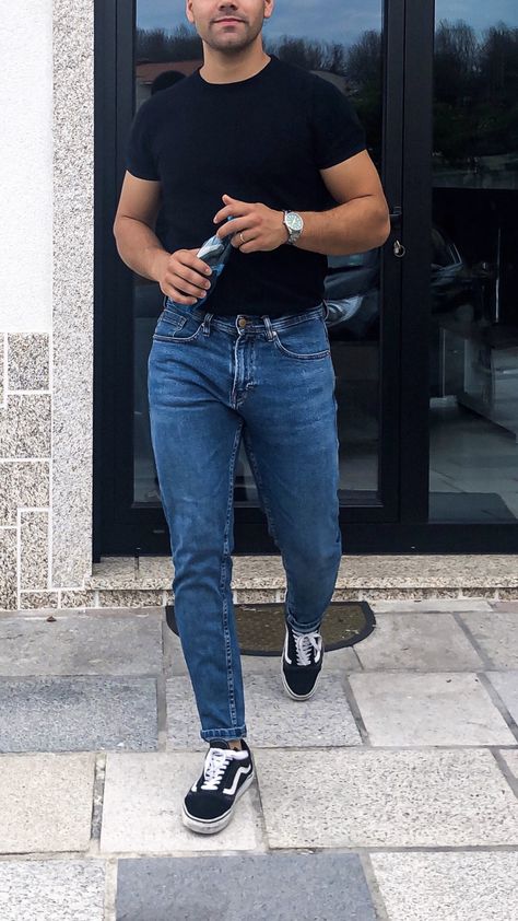 Blue Jeans Black Top Outfit Men, Dark Blue Wash Jeans Outfit, Vans With Jeans Outfit, Black Vans Outfit Men, Mens Black Jeans Outfit, Blue Jeans Black Shoes, Black Shirt Blue Jeans, Choir Outfits, Vans Fits