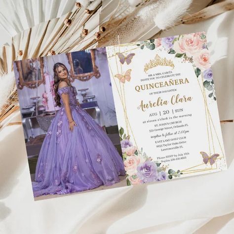 Quinceañera Purple Lilac Blush Floral Butterflies Invitation | Zazzle 18th Birthday Parties, Quinceañera Purple, Picture Invitations, Rose Gold Princess, Quince Invitations, Butterfly Invitations, 18th Birthday Party, Quinceanera Invitations, Floral Photo