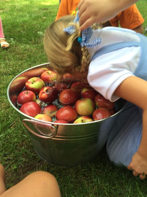 Bobbing For Apple Aesthetic, Halloween Apple Bobbing, Apple Bobbing Halloween, Bobbing For Apples Halloween, Thanksgiving Setup, Bob For Apples, Fall Festival Food, Fall Themed Party, Apple Bobbing